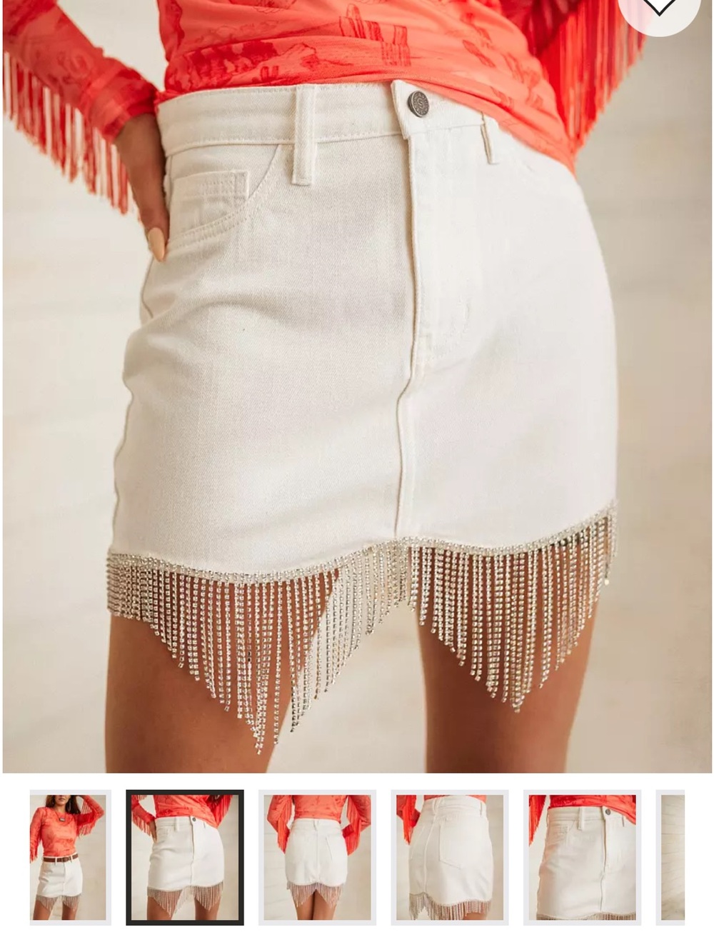 White Fringe Hem Mini Skirt with Crystal Trim